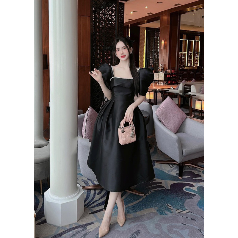 Váy Đầm Nữ Dáng Dài Tay Bồng Xếp Ly Cách Điệu Phối Đá Tiểu Thư