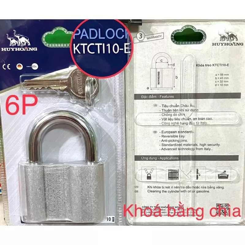 Ổ Khoá HUY HOÀNG cao cấp 5P, 6P bằng chìa Titaniun- Bảo hành 3 năm