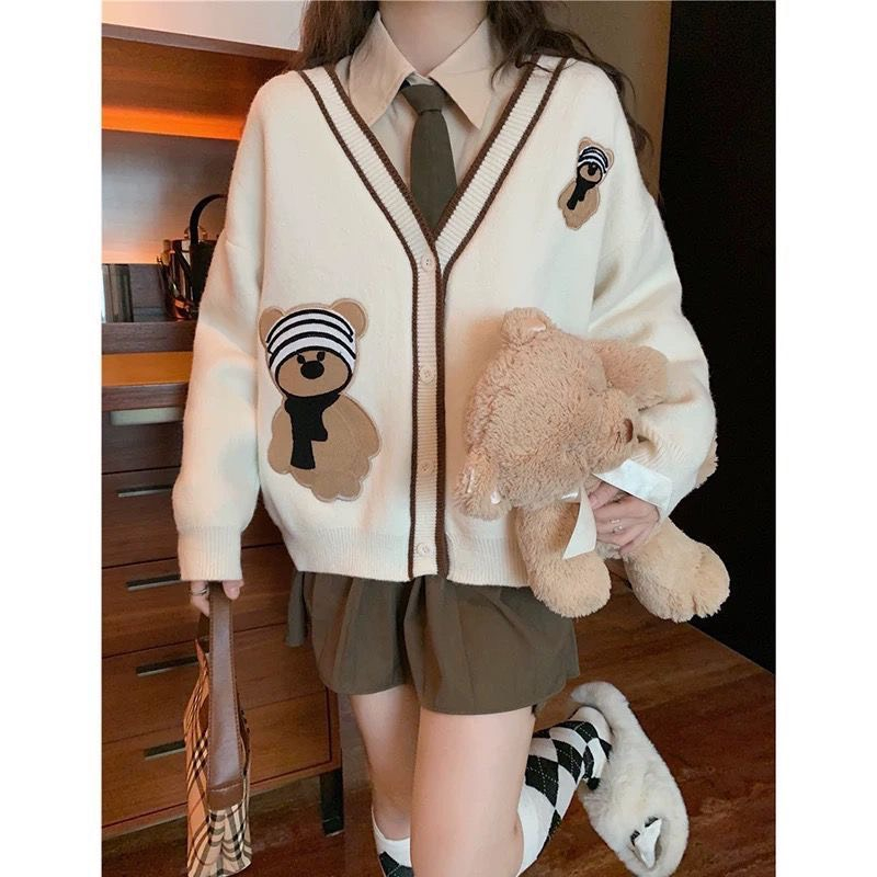 Áo Khoác Cardigan, Áo len Cardigan Gấu Cổ Tim Cài Khuy Tay Dài Thời Trang Ulzzang C03| Vui Vẻ Shop