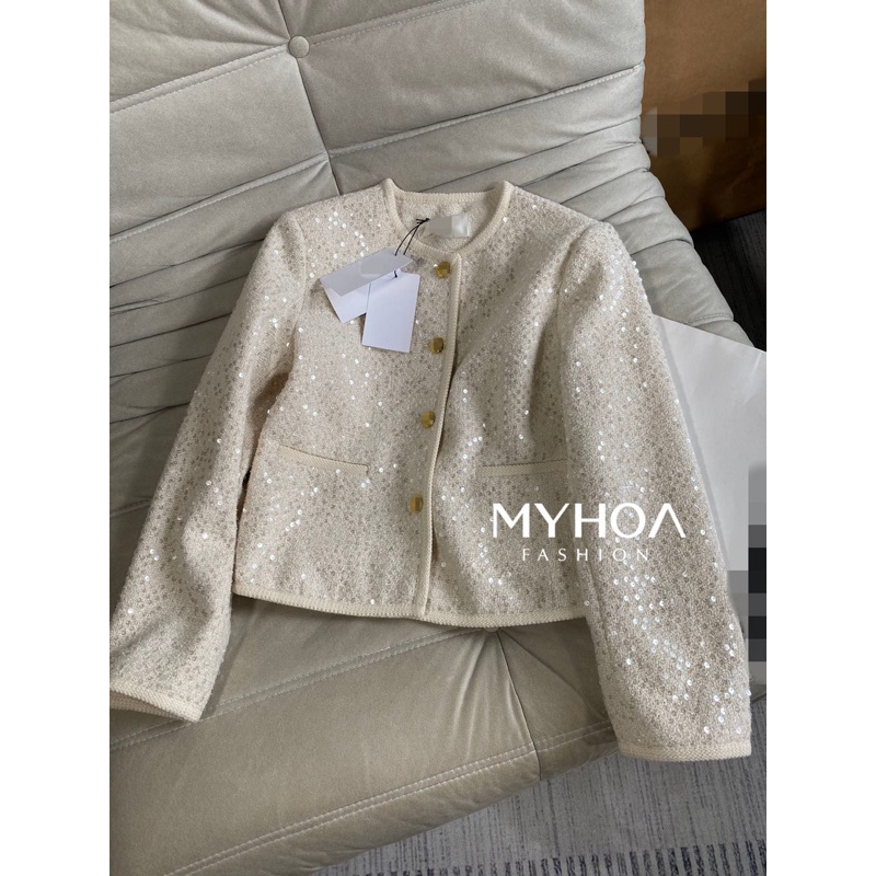 MYHOA| Áo Khoác Dạ Nữ Trắng Kim Tuyến Bling Cúc Mạ Vàng QCCC