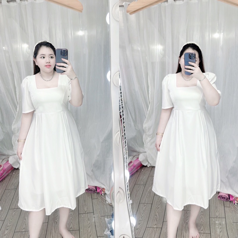 💥sỉ💥Váy trắng-đỏ Bigsize cổ vuông tay ngắn 50-90kg