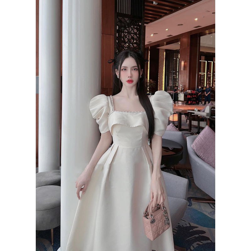 Váy Đầm Nữ Dáng Dài Tay Bồng Xếp Ly Cách Điệu Phối Đá Tiểu Thư