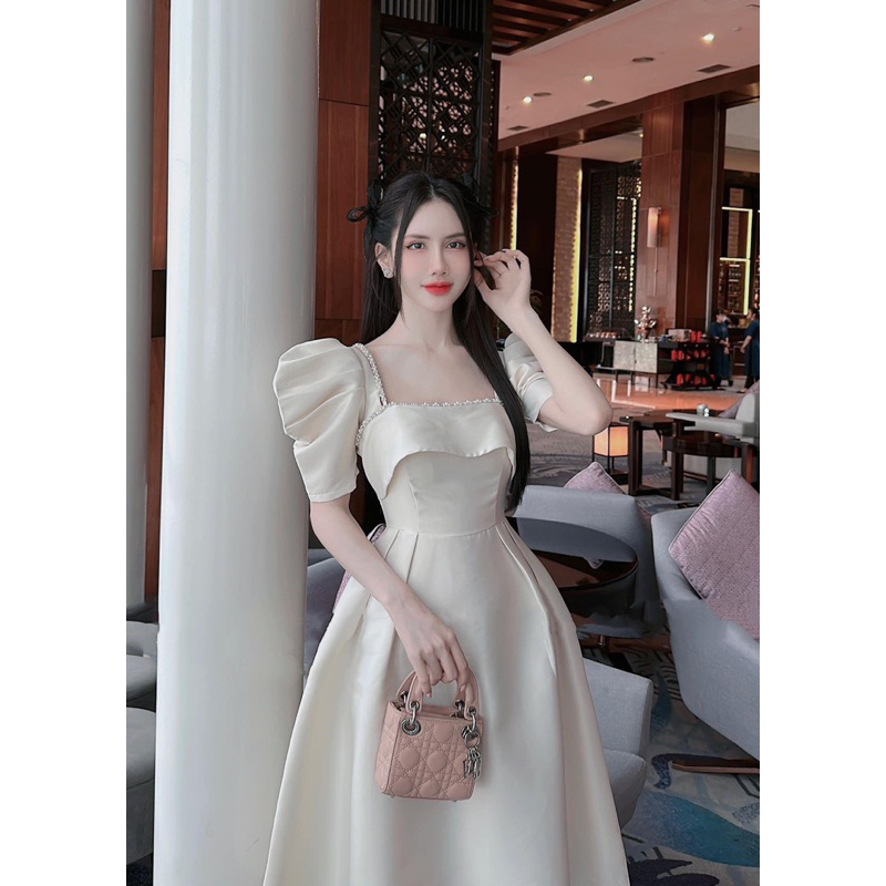 Váy Đầm Nữ Dáng Dài Tay Bồng Xếp Ly Cách Điệu Phối Đá Tiểu Thư