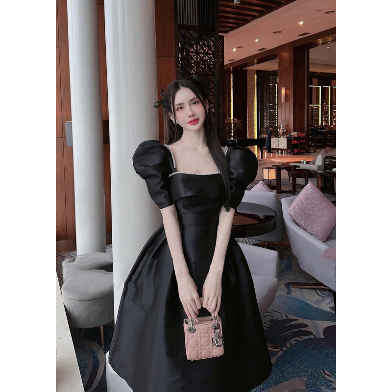 Váy Đầm Nữ Dáng Dài Tay Bồng Xếp Ly Cách Điệu Phối Đá Tiểu Thư