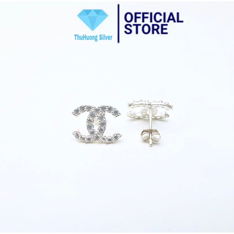 Bông tai nữ THJ chữ cong đính đá sang trọng , bạc ta -THJ SILVER