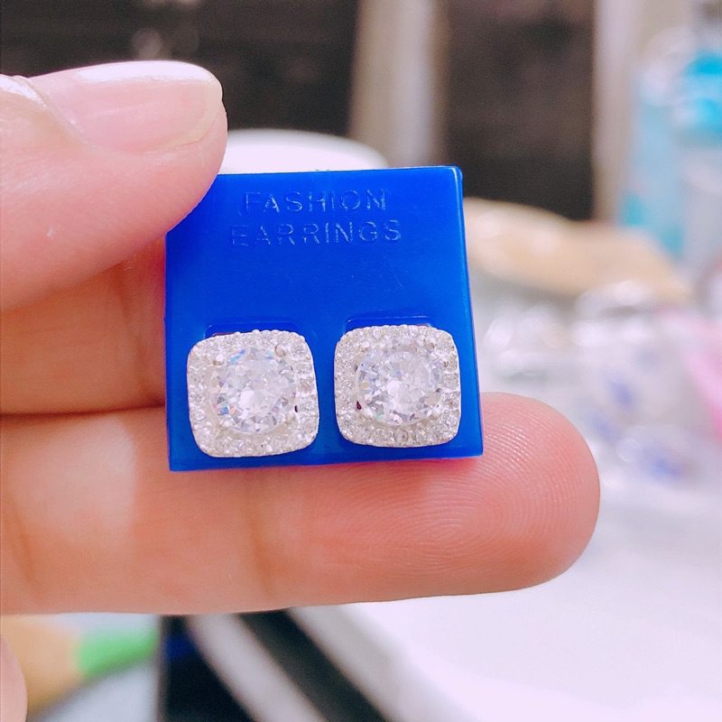 Bông tai nụ vuông đính đá chuẩn bạc ta hàng dầy dặn-THJ SILVER