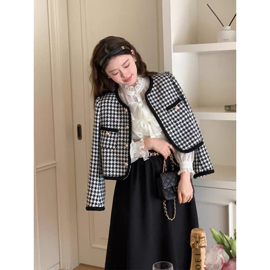 Áo dạ tweed nữ dáng ngắn 2 lớp viền thừng cúc đồng sang chảnh khoác ngoài tiểu thư hàng QCCC Deliz Mall | BigBuy360 - bigbuy360.vn