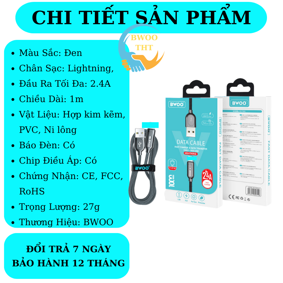 Dây sạc nhanh BWOO X131L Cáp bọc dù dùng cho 6 đến14 Pro Promax BH 12 Tháng