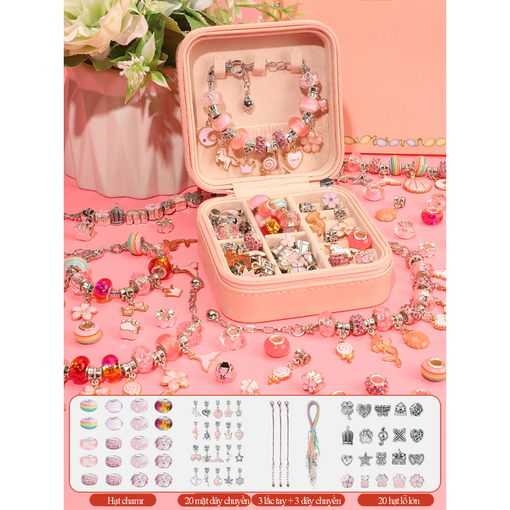 Bộ vòng tay Pandora 66 món có hộp đựng, túi Xách , đồ chơi handmade tự làm thủ công sáng tạo