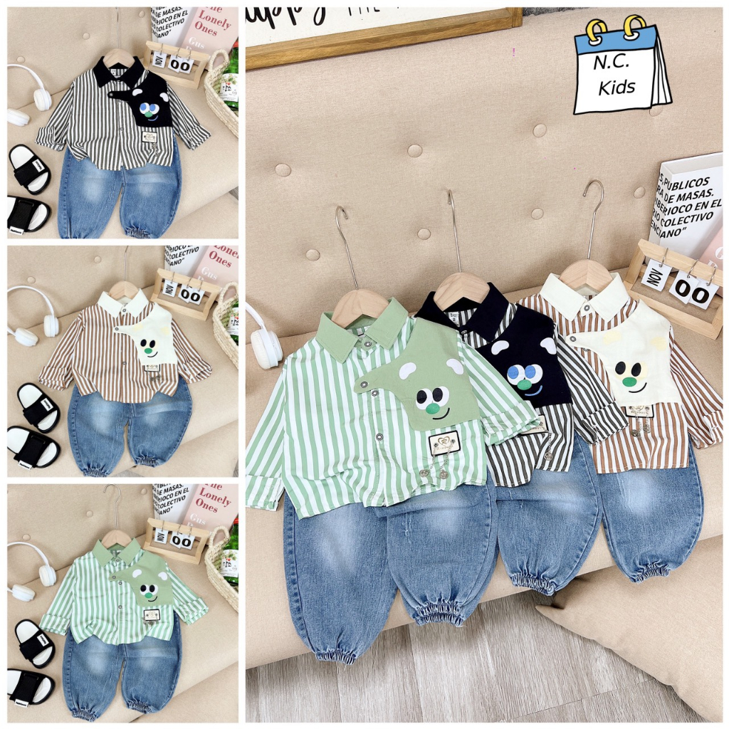 Set bộ sơ mi phối quần bò jean cá tính cho bé trai 8-20kg Hadukids