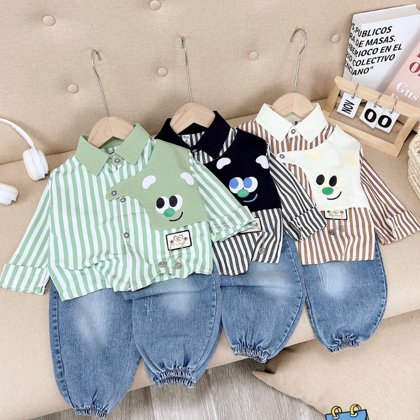 Set bộ sơ mi phối quần bò jean cá tính cho bé trai 8-20kg Hadukids