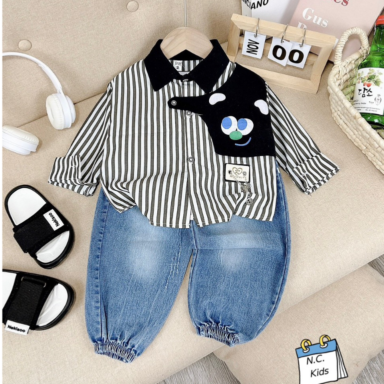 Set bộ sơ mi phối quần bò jean cá tính cho bé trai 8-20kg Hadukids
