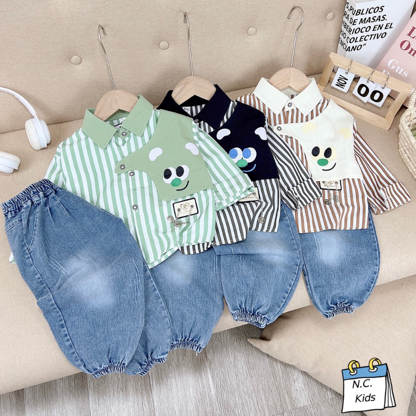 Set bộ sơ mi phối quần bò jean cá tính cho bé trai 8-20kg Hadukids