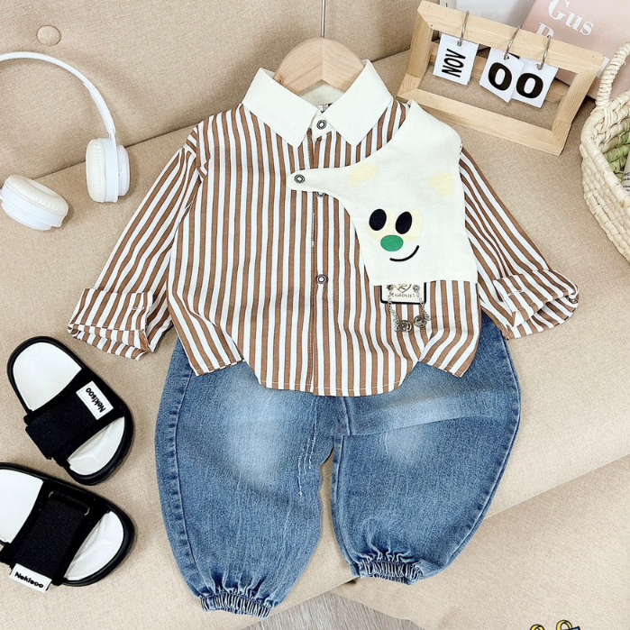 Set bộ sơ mi phối quần bò jean cá tính cho bé trai 8-20kg Hadukids
