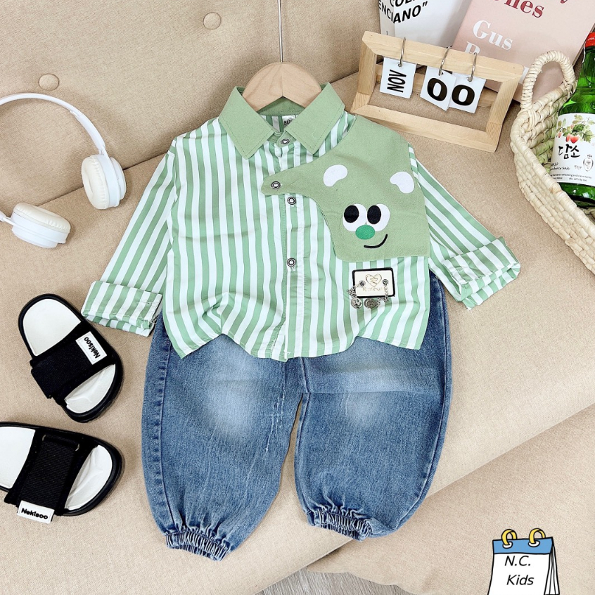 Set bộ sơ mi phối quần bò jean cá tính cho bé trai 8-20kg Hadukids
