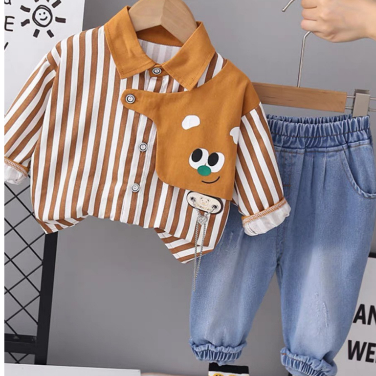 Set bộ sơ mi phối quần bò jean cá tính cho bé trai 8-20kg Hadukids