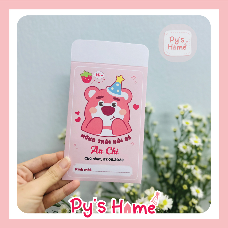 Thiệp Thôi Nôi - Sinh Nhật cho Bé Gái Chủ đề Gấu Dâu cute