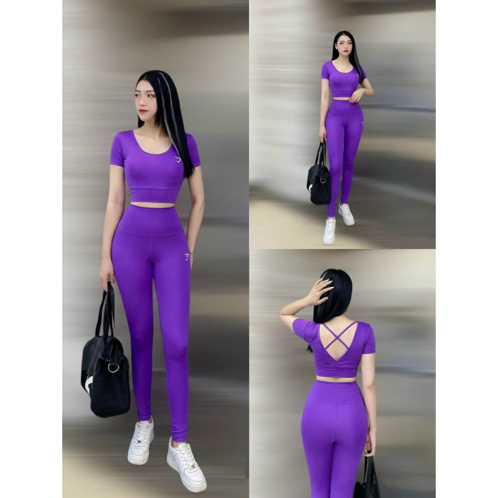 Đồ tập gym nữ,đồ tập thể thao áo croptop quần dài tập gym yoga zumba aerobic