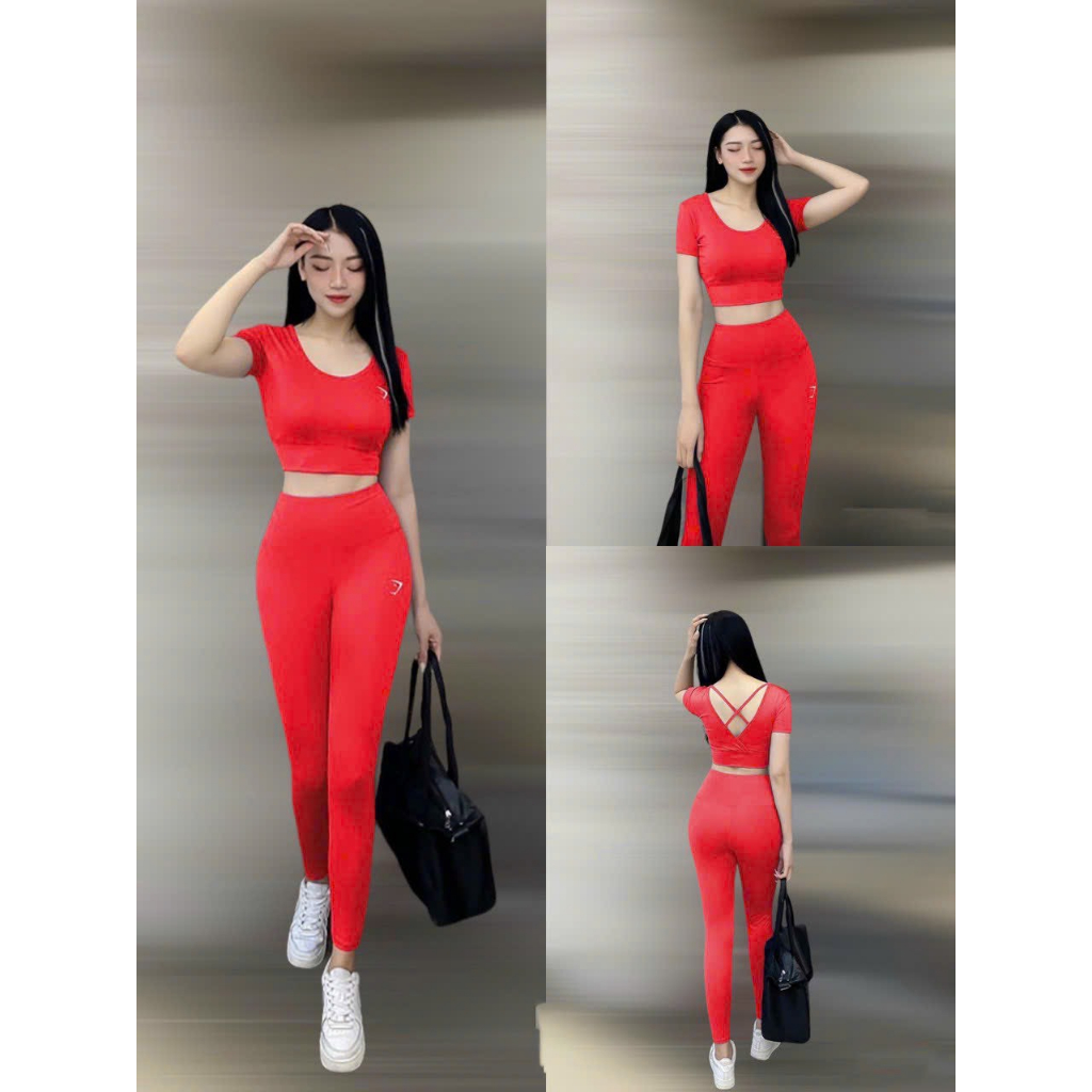 Đồ tập gym nữ,đồ tập thể thao áo croptop quần dài tập gym yoga zumba aerobic