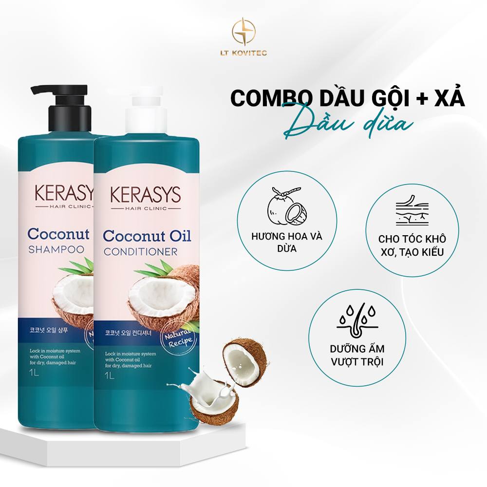 Combo dầu gội và dầu xả Kerasys chiết xuất dầu dừa Hàn Quốc 1L - Phục hồi tóc hư tổn, chẻ ngọn, giảm gãy rụng