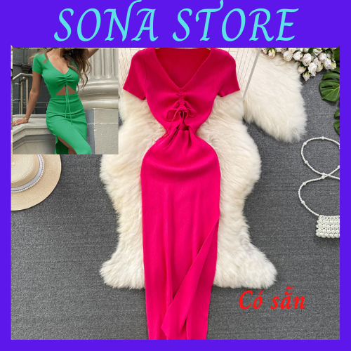 Váy body len dáng dài xẻ tà đầm ôm nữ sexy dây rút ngực gợi cảm sang chảnh tiểu thư bánh bèo hàng quảng châu cao cấp