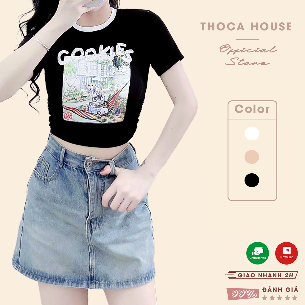 Áo thun baby tee croptop cookies tay ngắn cổ tròn rút eo THOCA HOUSE thời thượng cá tính