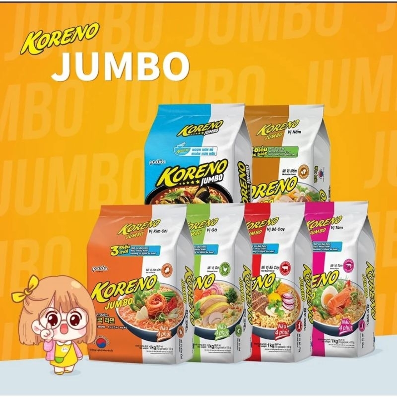 Mì Koreno Jumbo Hàn Quốc 1Kg Gà - Bò Cay - Kim Chi - Tôm