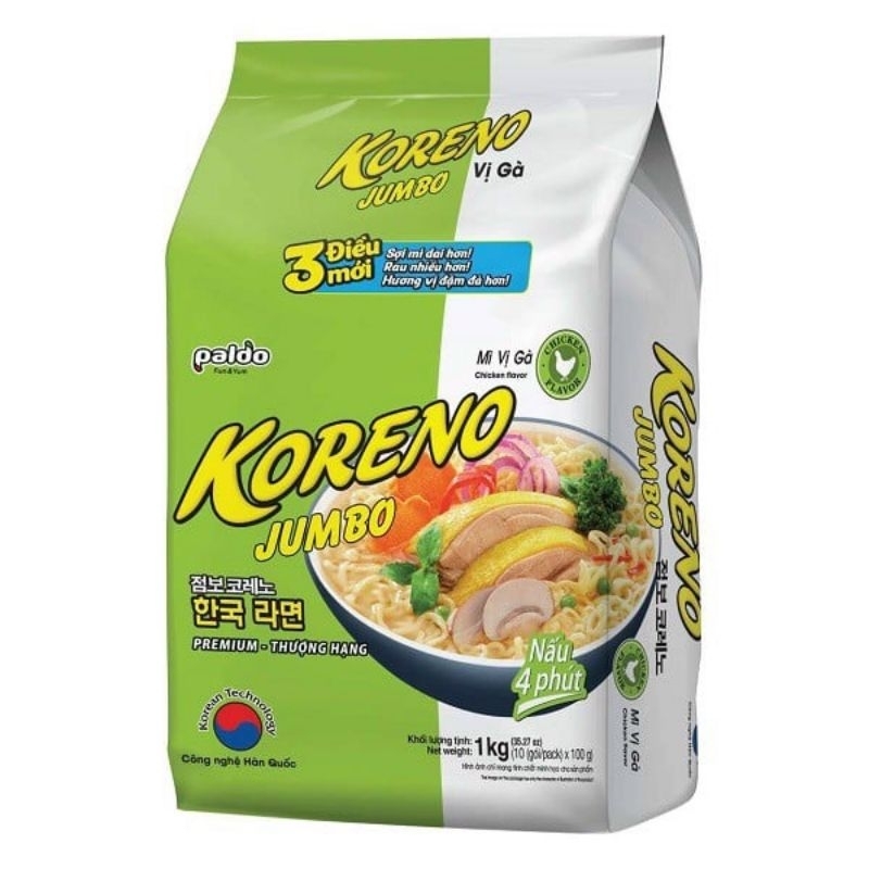 Mì Koreno Jumbo Hàn Quốc 1Kg Gà - Bò Cay - Kim Chi - Tôm