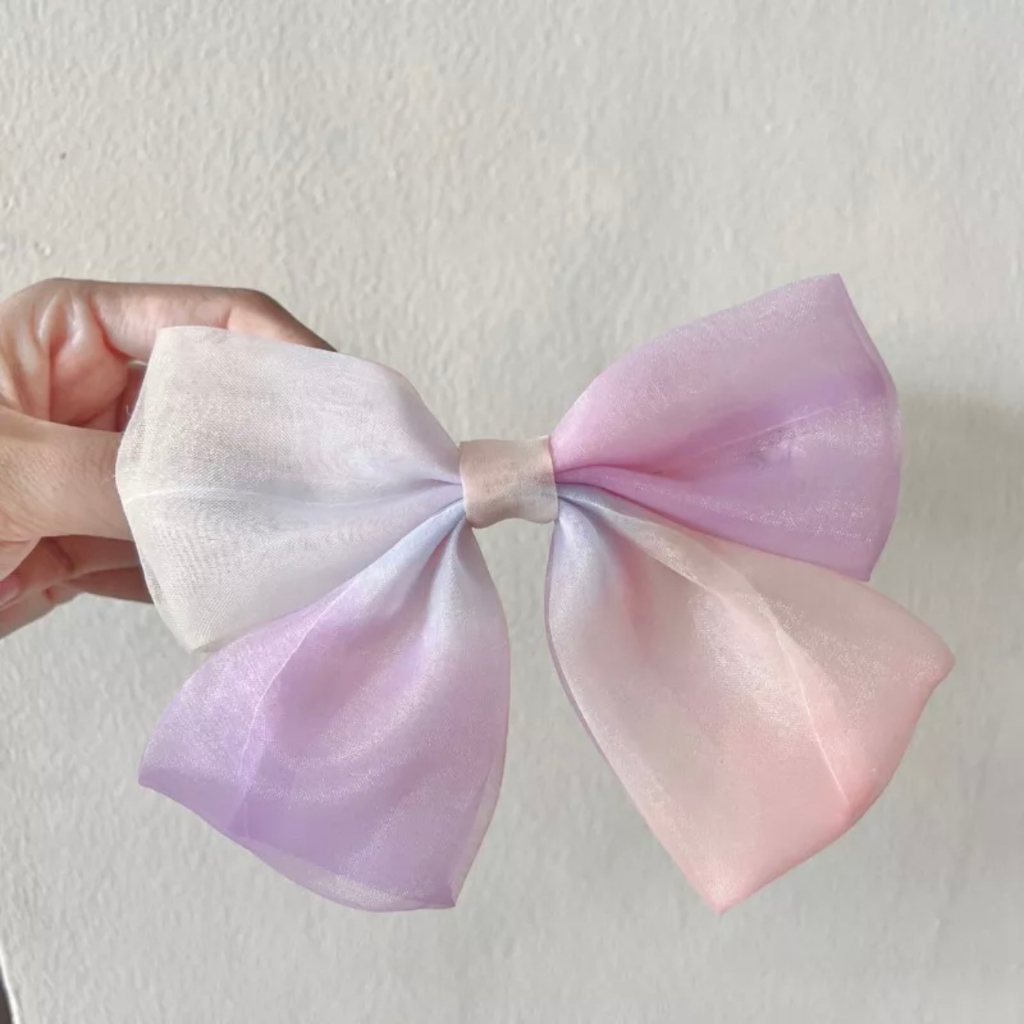 Kẹp tóc nơ bản to vải trắng họa tiết trái dâu, chanh vàng dễ thương