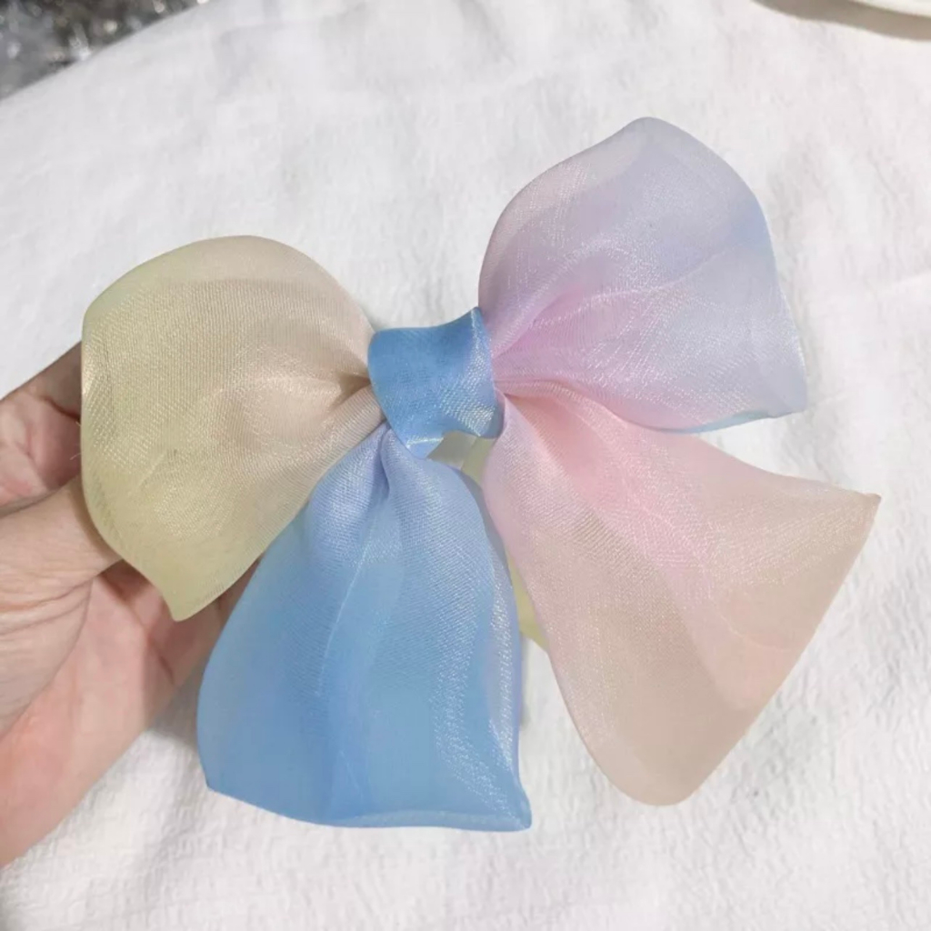 Kẹp tóc nơ bản to vải trắng họa tiết trái dâu, chanh vàng dễ thương
