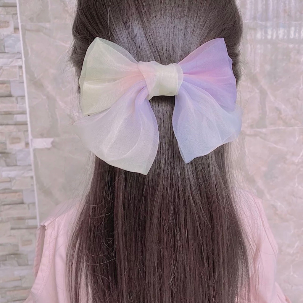 Kẹp tóc nơ bản to vải trắng họa tiết trái dâu, chanh vàng dễ thương