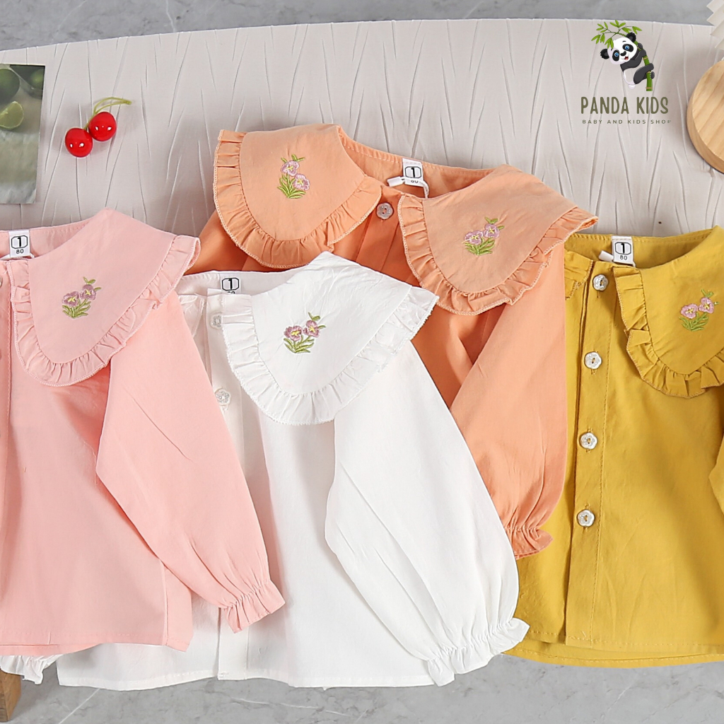 Áo sơ mi dài tay cho bé gái, cổ sen thêu hoa cách điệu dễ thương, chất liệu coton mát mẻ.