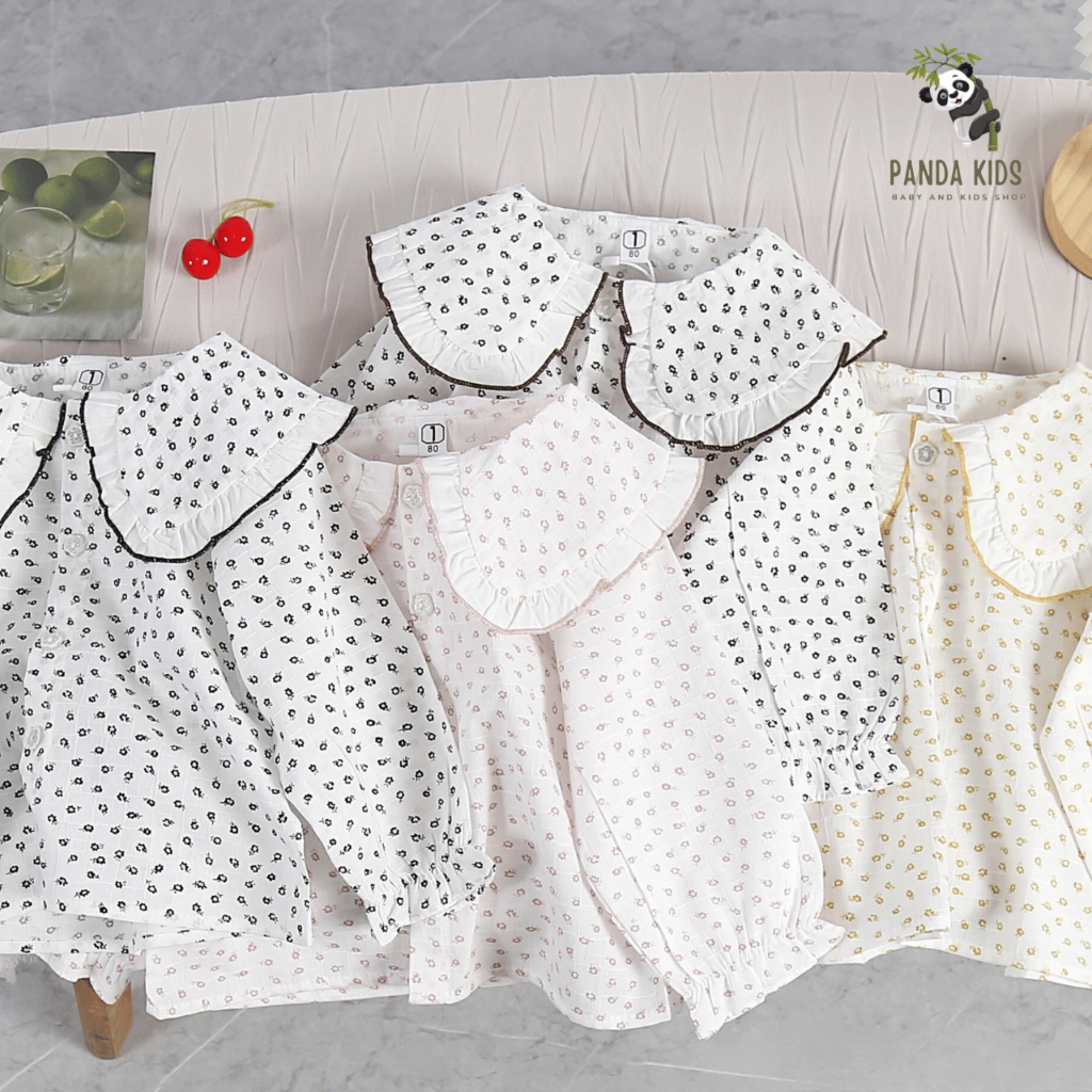 Áo sơ mi dài tay cho bé gái, cổ sen thêu hoa cách điệu dễ thương, chất liệu coton mát mẻ.