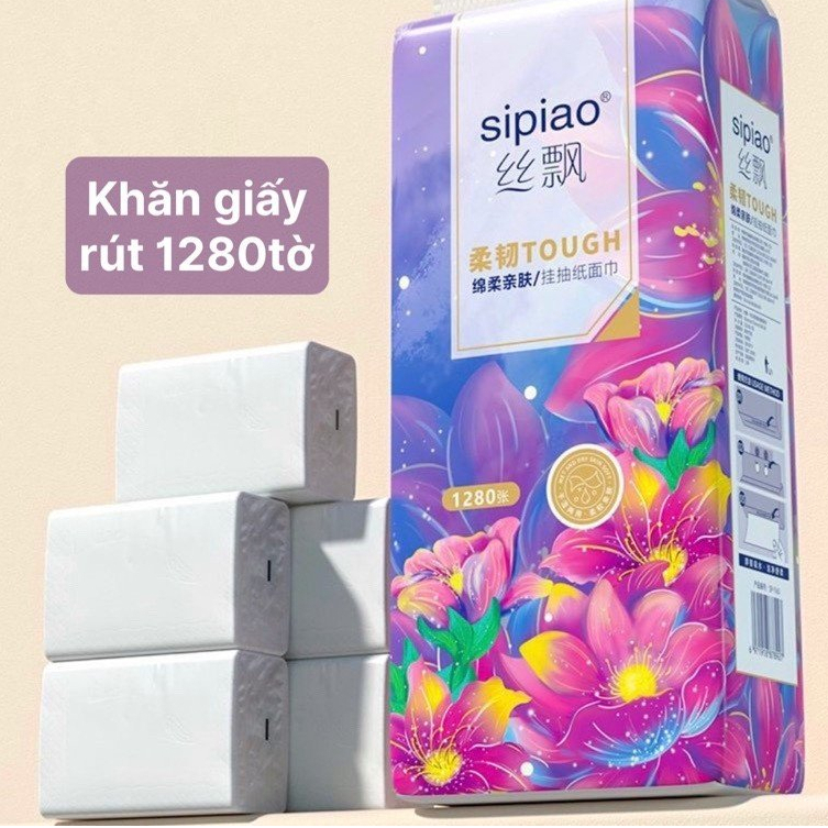 Thùng khăn giấy rút Sipiao Hồng Gồm 4 Túi cỡ lớn 1280 tờ Kèm Móc Treo Tường cao cấp mềm mại tiện lợi