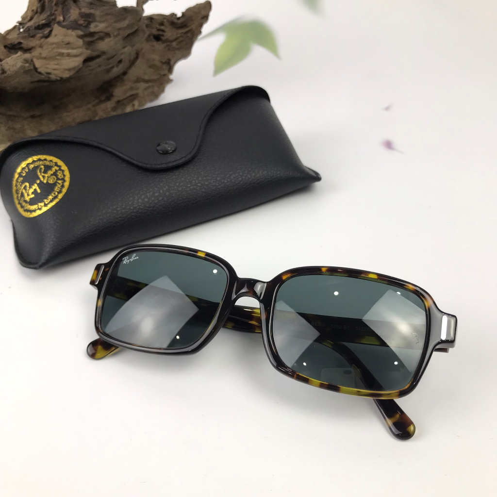 Kính râm mát rayban của ý, 2nd, tròng thủy tinh xanh đen, gọng chữ nhật nhựa đồi mồi, unisex, thời trang du lịch biển