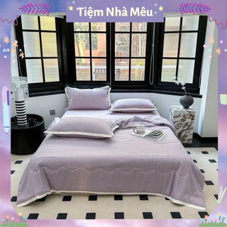 Bộ 4 Món Chăn Mền Drap Gối Đũi Lạnh Basic Trơn Tối Giản Cao Cấp Bóng Mềm Khô Thoáng Freesize Tiệm Nhà Mêu