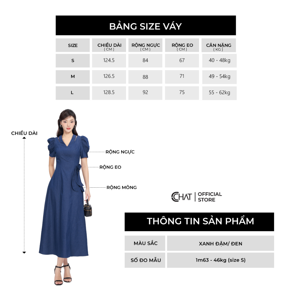 Đầm Nữ 𝐂𝐂𝐇𝐀𝐓 Dáng Xòe Phối Tay Phồng Chất Jean Cao Cấp 13VNJ2036XT