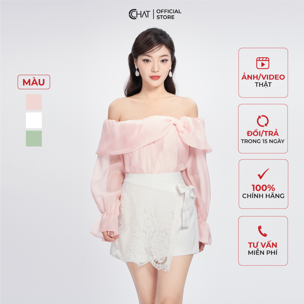 Áo Kiểu Nữ 𝐂𝐂𝐇𝐀𝐓 Trễ Vai Dây Ngọc Chất Voan Cao Cấp 93ADV2004ST