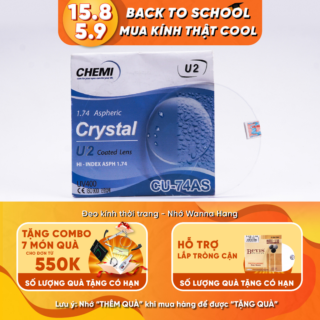 Mắt Kính Tròng Kính Cận Loạn CHEMI CRYSTAL U2 Hàn Quốc Siêu Mỏng Chống UV400 - Bảo Hành 6 Tháng