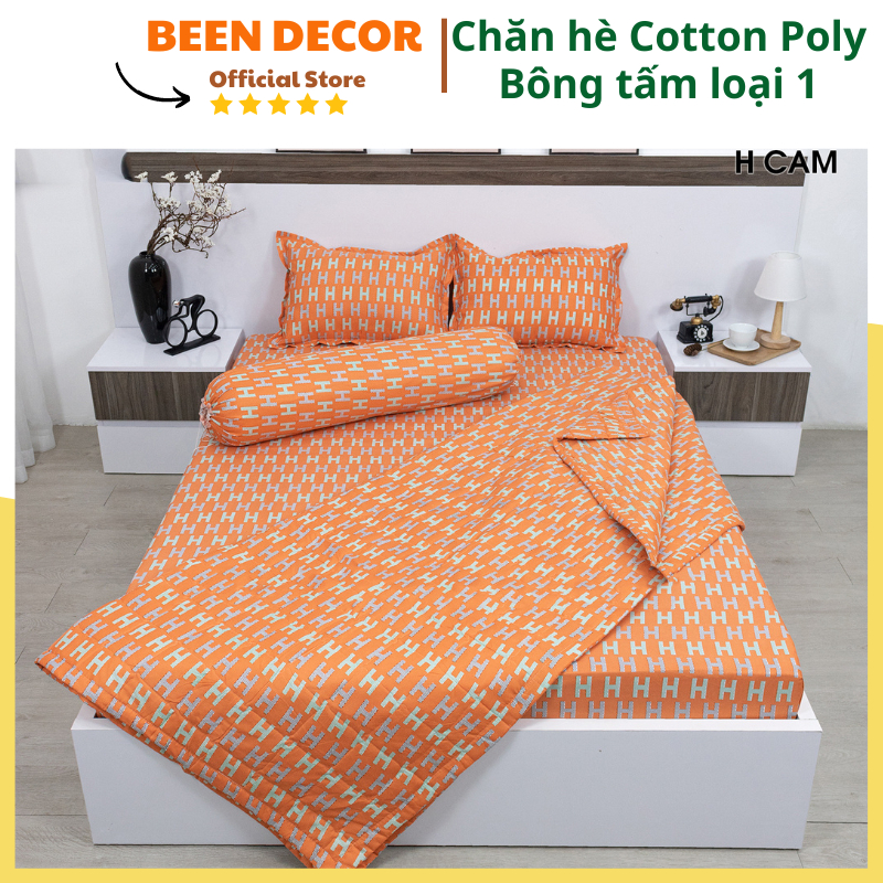 Bộ chăn ga gối cotton poly 3D hot hít sang trọng combo 5 món mềm mịn thoáng mát - Mẫu Chữ H Cam