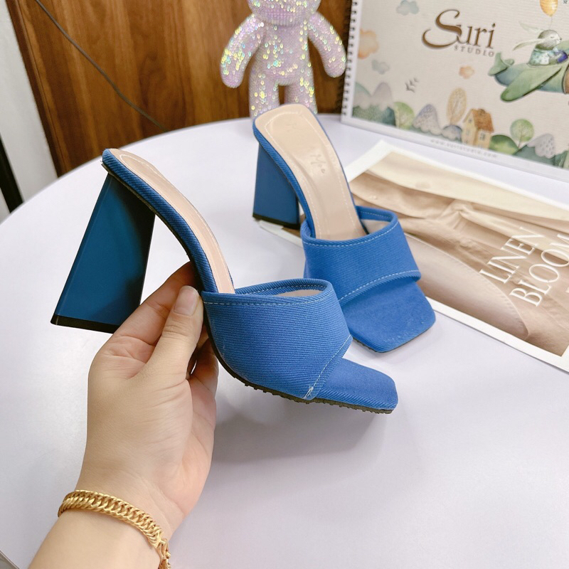 Ảnh Thật- Dép cao gót quai vải xanh gót tam giác 9p