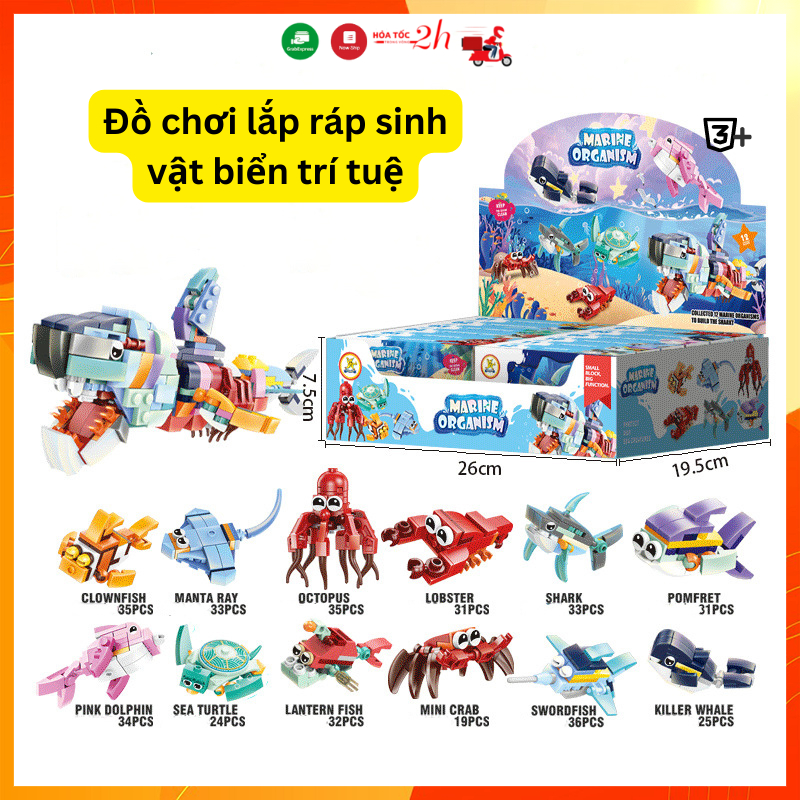 Trứng lắp ráp sinh vật biển, 12 trứng lego xếp hình, đồ chơi trí tuệ dành cho trẻ từ 3 tuổi