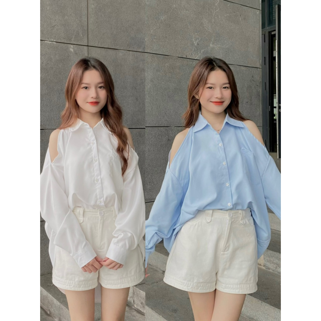 Áo sơ mi nữ dài tay khoét vai dáng tiểu thư Aokhoetvai3469 P6K3