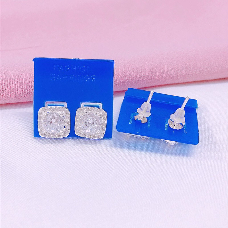 Bông tai nụ vuông đính đá chuẩn bạc ta hàng dầy dặn-THJ SILVER