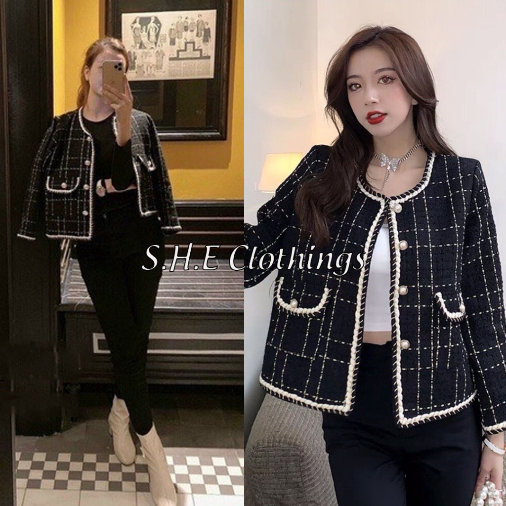 Áo Khoác Dạ Đen Tiểu Thư Phối Viền Trắng 2 Túi Trước Cúc Dọc Áo Kiểu Nữ Dài Tay Freesize S539