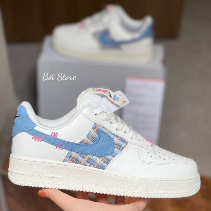 Giày sneaker Air Force 1 Low Just Do It Trắng Xanh Cao Cấp, Giày thể thao AF1 Thổ Cẩm Cổ Thấp Mới Nhất 2023 Nam Nữ