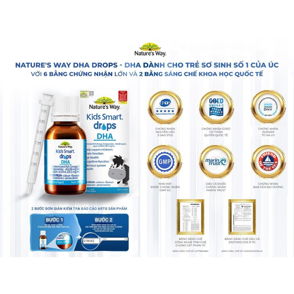 DHA Nature's Way Kids Smart Drops DHA Dạng Giọt Giúp Tăng IQ, Phát Triển Não Bộ Cho Bé 20ml