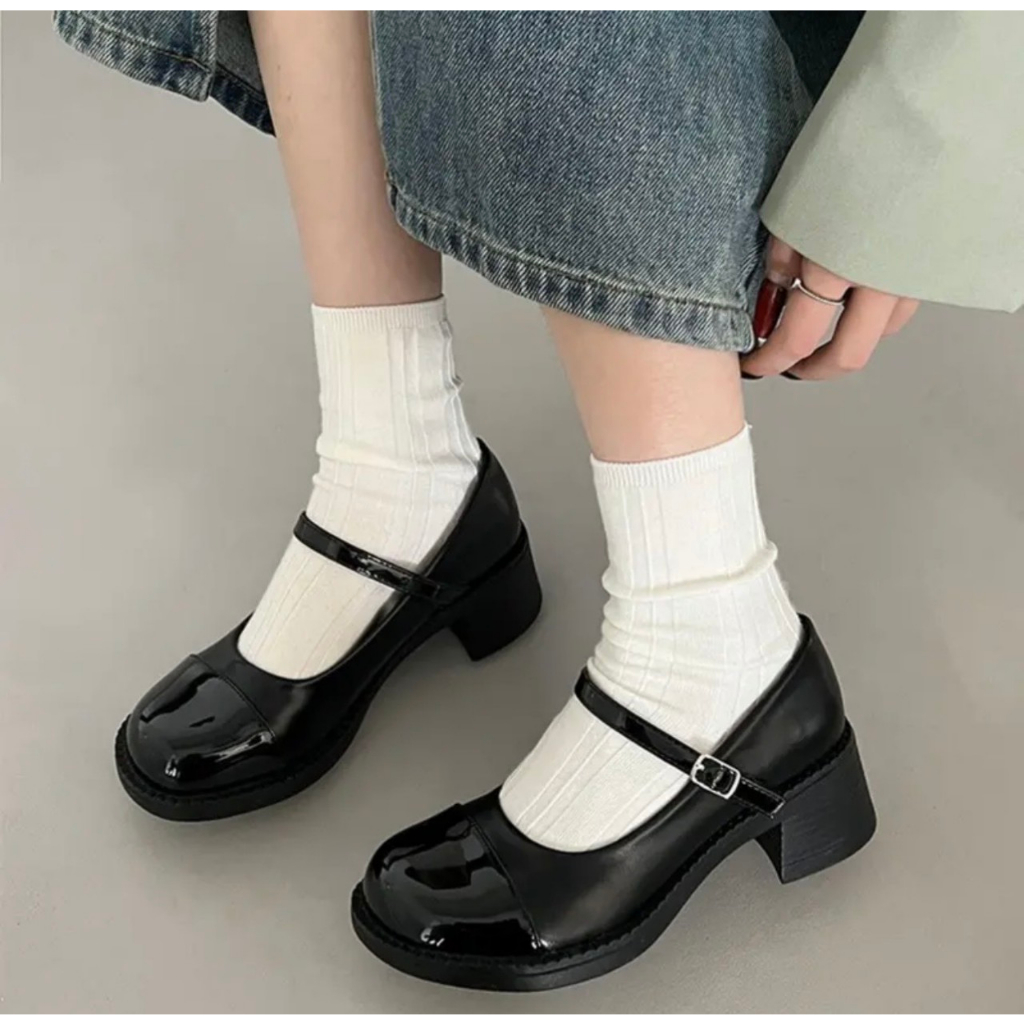 Giày búp bê dáng marry janes nữ mũi tròn gót dày 5cm phối da cực hót trend - LK88