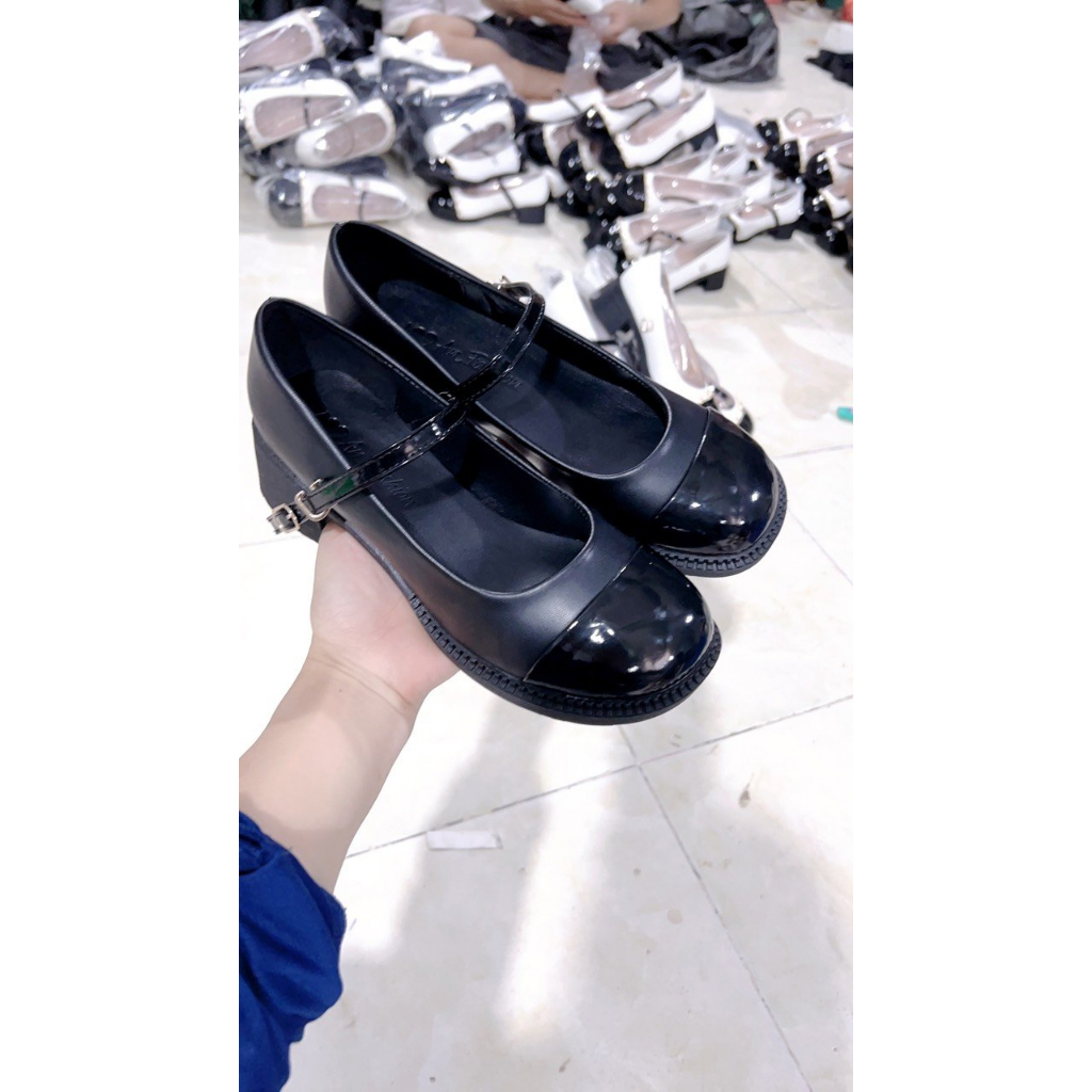 Giày búp bê dáng marry janes nữ mũi tròn gót dày 5cm phối da cực hót trend - LK88