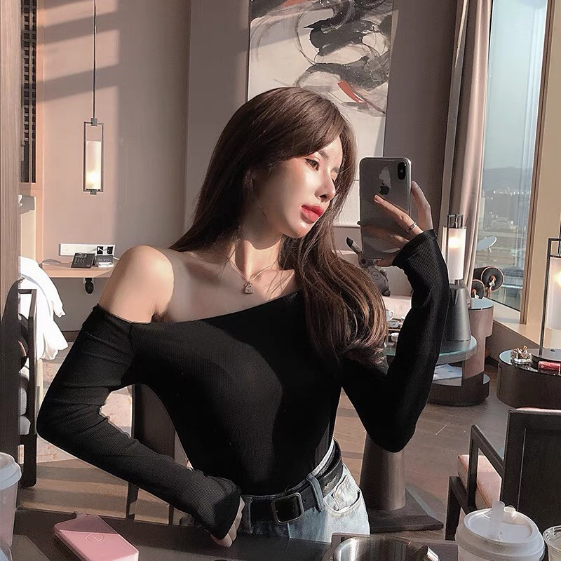 Áo thun trễ vai tay dài, áo thun nữ dài tay trễ vai , mềm mịn co dãn phong cách trẻ trung basic xỏ ngón- LOẠI 1